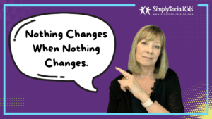 Nothing Changes When Nothing Changes video thumbnail. Purple with blue edging and woman point to words in a thought bubble