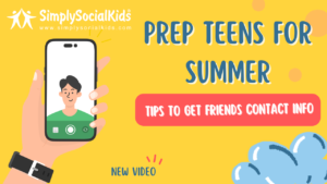 Prep teens for summer - tips to get friends contact info. Yellow background with cartoon hand holding a cell phone with an image of a teen boy on the screen