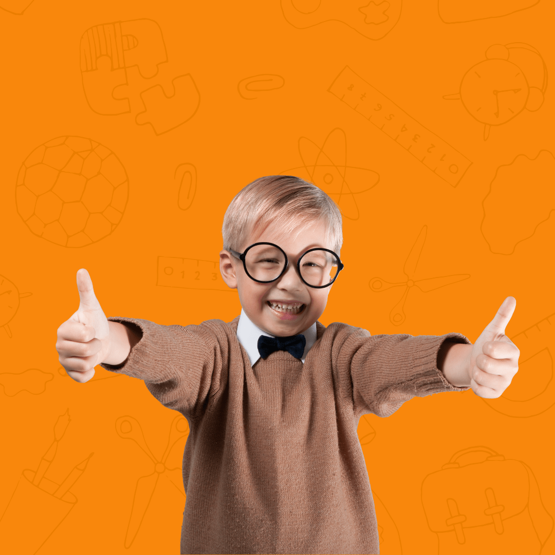 boy in brown shirt with glasses on orange background with thumbs up looking confident